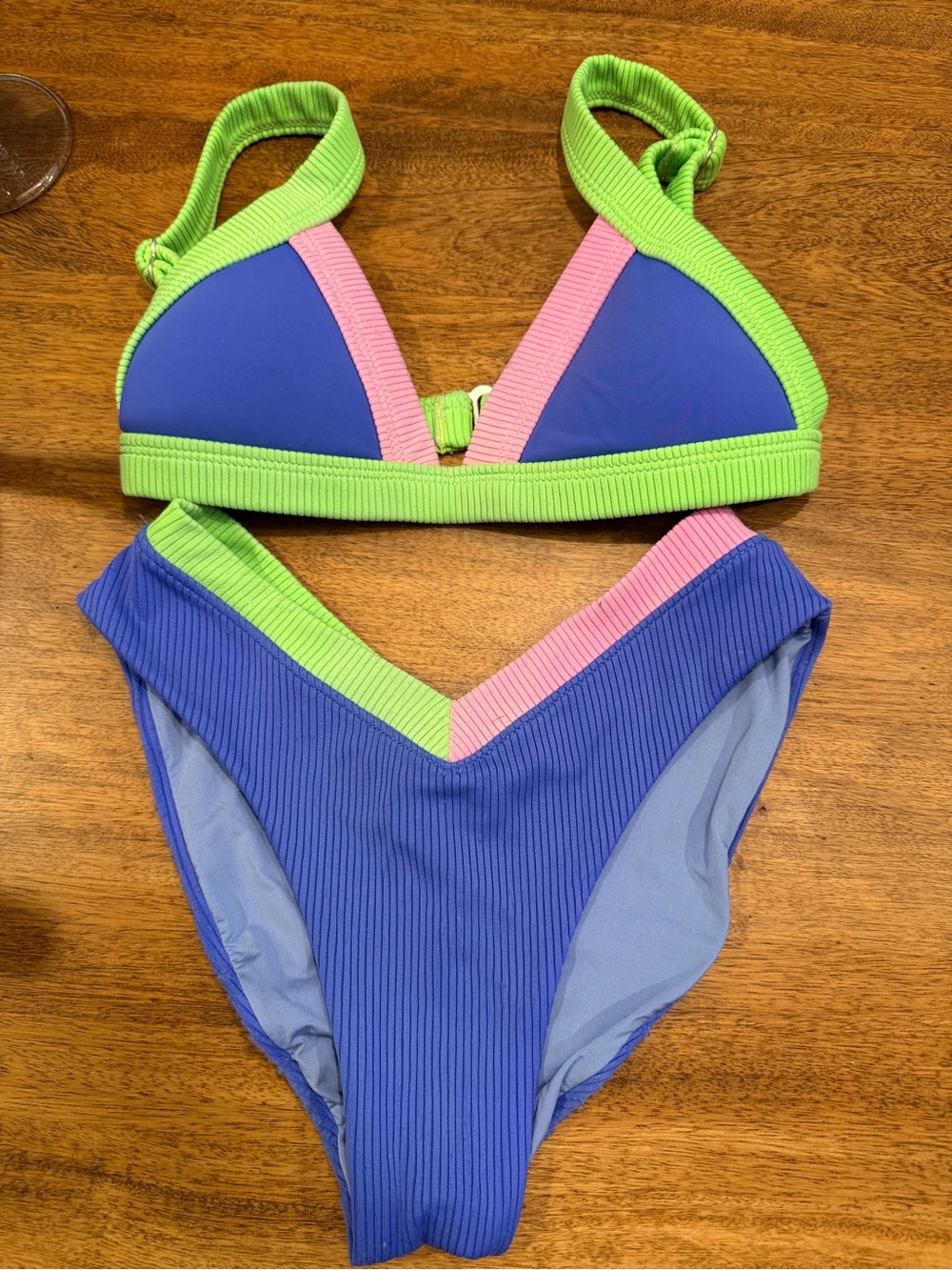One One Kameron style XS Ribbed Triangle Bikini in Blue, Pink & Lime Green